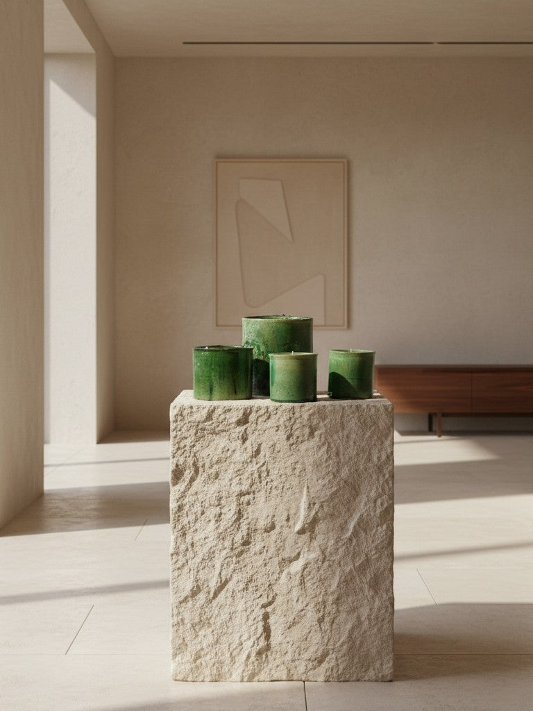 Atelier Marhaban geurkaarsen in tweekleurig groen en geel Tamgrout-keramiek, handgemaakt in Marokko.