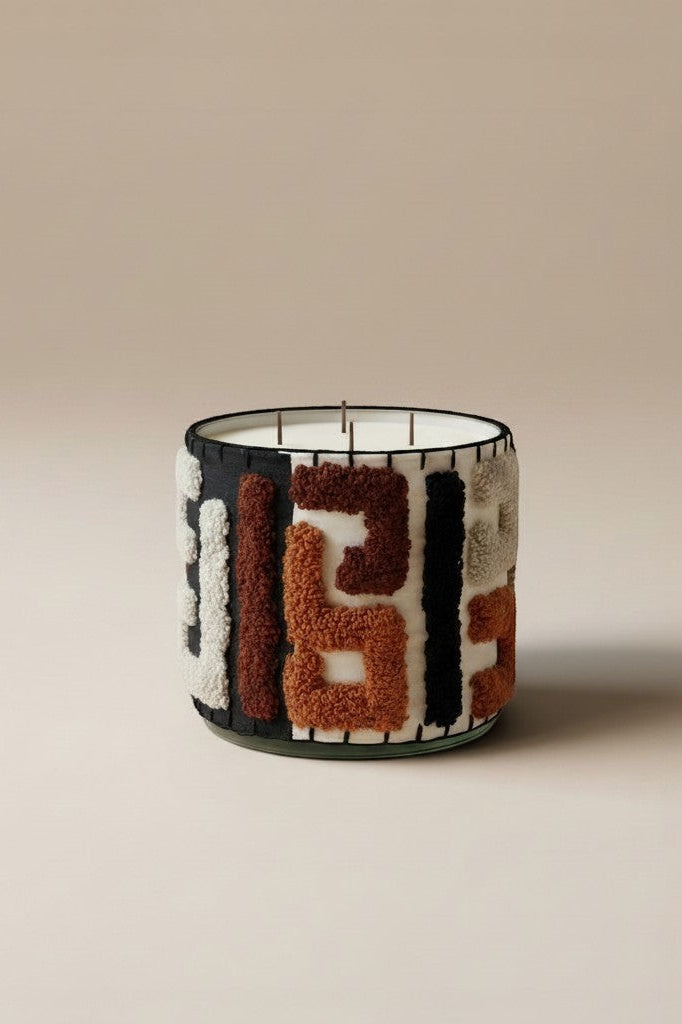 Atelier Marhaban Labyrinthe geurkaars in glazen pot met handgeweven textiel in beige, oranje en bruintinten.