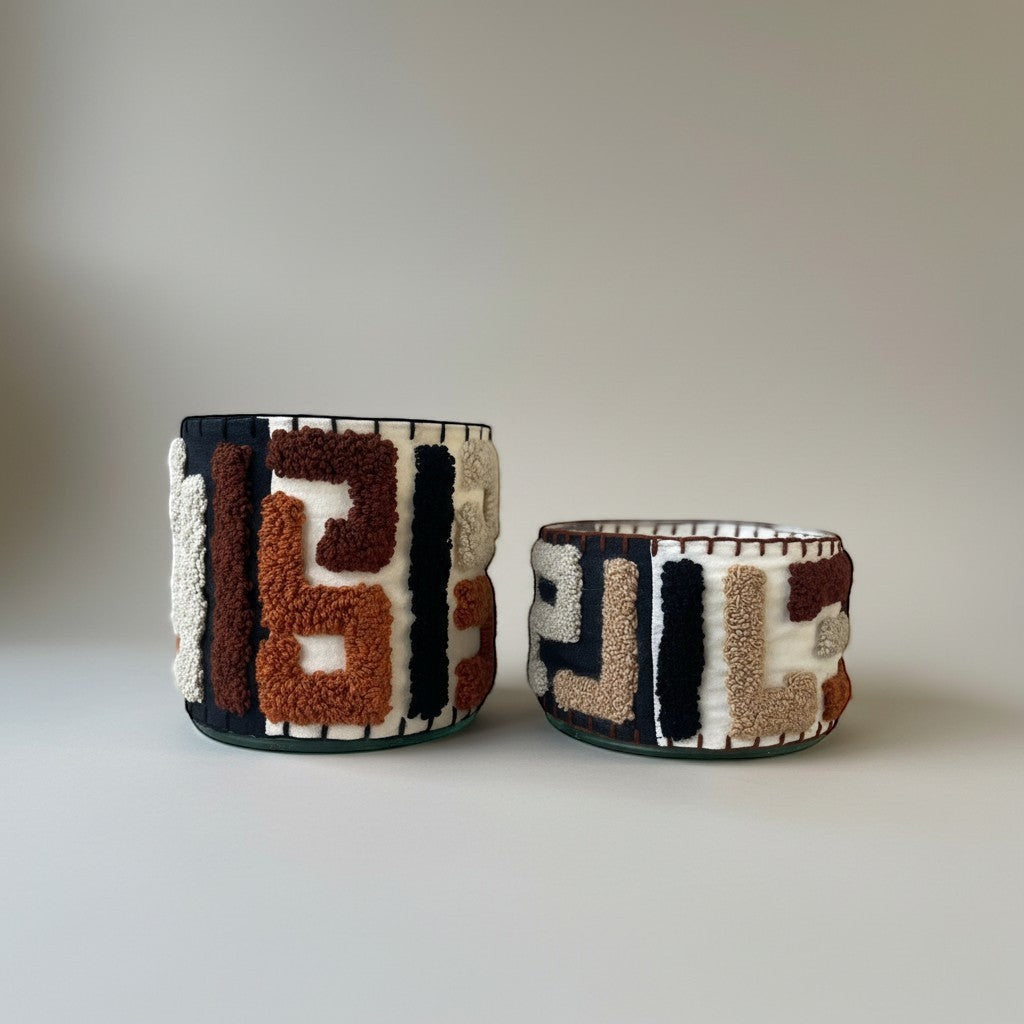 Atelier Marhaban Labyrinthe geurkaars in glas met handgeweven textiel in beige, oranje en bruintinten. Gemaakt van sojawas.