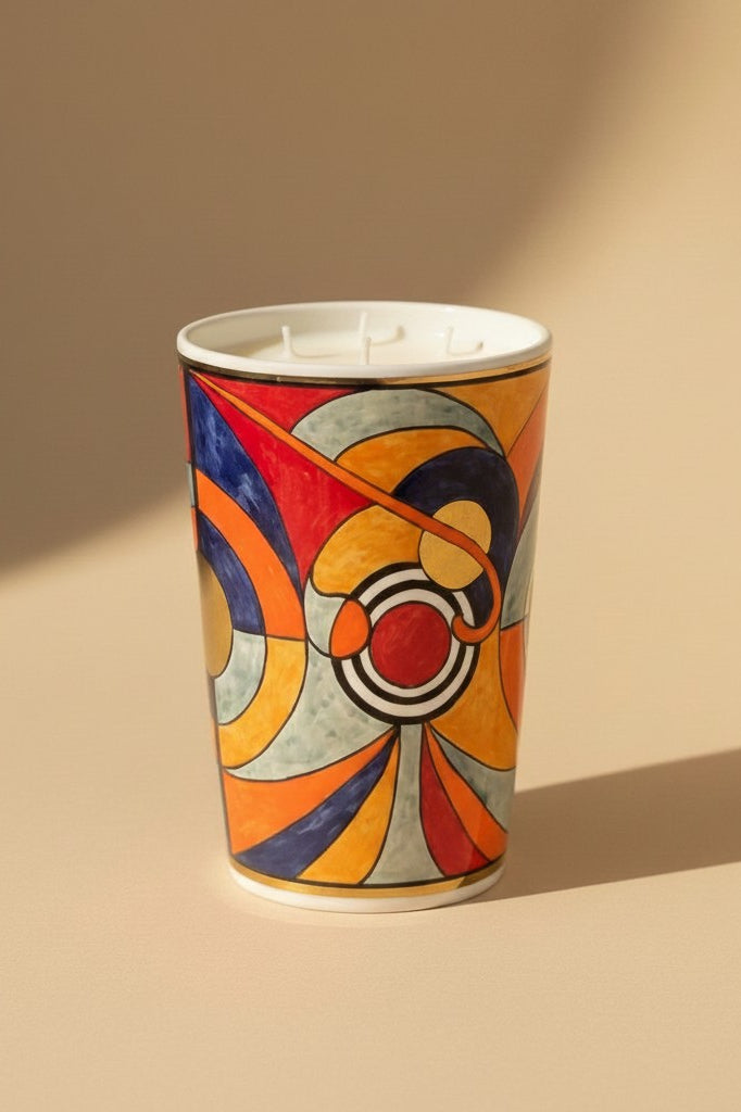 Atelier Marhaban Picasso geurkaars in keramiek met handgeschilderd Picasso-geïnspireerd design en bladgoud details. Gemaakt van sojawas.