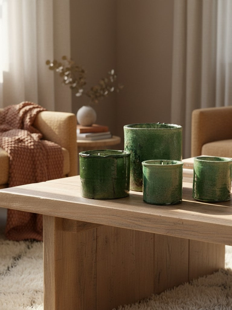 Atelier Marhaban Tamgroot geurkaarsen in groen en geel, gemaakt van terracotta met natuurlijke glazuur. Handgemaakt in Marokko.