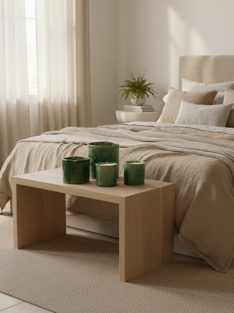Atelier Marhaban Tamgroot geurkaarsen in groen en geel, handgemaakt van terracotta met natuurlijke sojawas en katoenen lont.