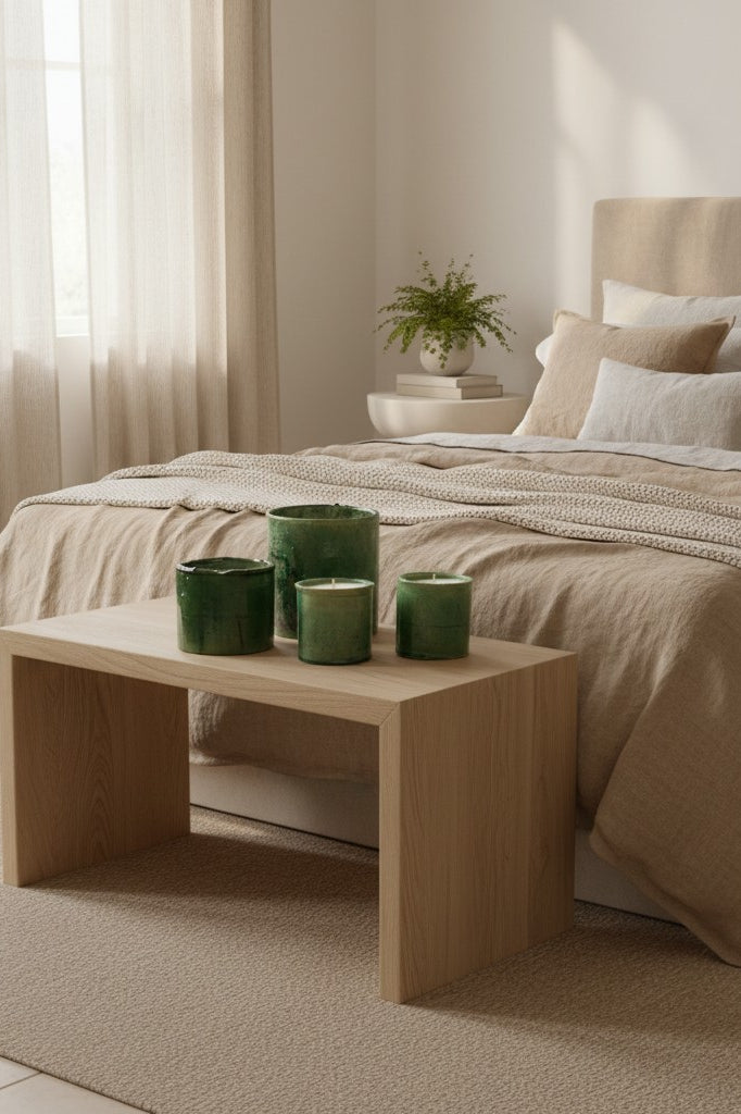 Atelier Marhaban Tamgroot geurkaarsen in groen en geel, handgemaakt van terracotta met natuurlijke sojawas en katoenen lont.