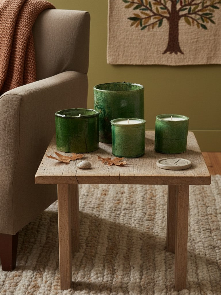 Atelier Marhaban Tamgroot geurkaarsen in groen en geel keramiek met natuurlijke glazuur. Gemaakt van sojawas en katoenen lont.