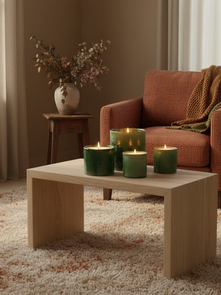 Atelier Marhaban Tamgroot geurkaarsen in groen en geel, handgemaakt van terracotta met sojawas en katoenen lont.