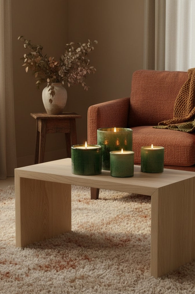 Atelier Marhaban Tamgroot geurkaarsen in groen en geel, handgemaakt van terracotta met sojawas en katoenen lont.