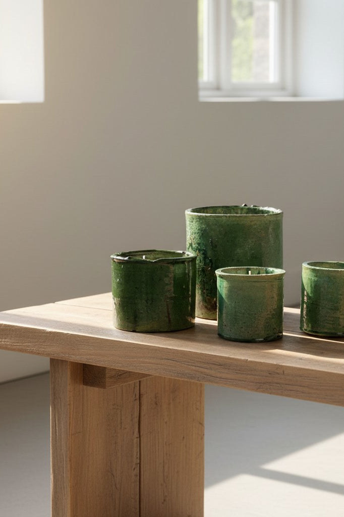 Atelier Marhaban Tamgrout geurkaars in groen en geel keramiek met natuurlijke glazuur, handgemaakt in Marokko.