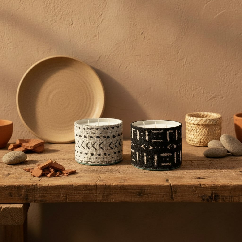 Atelier Marhaban Etnika geurkaarsen met Afrikaanse motieven in glas, omwikkeld met textiel. Verkrijgbaar in zwart en wit.