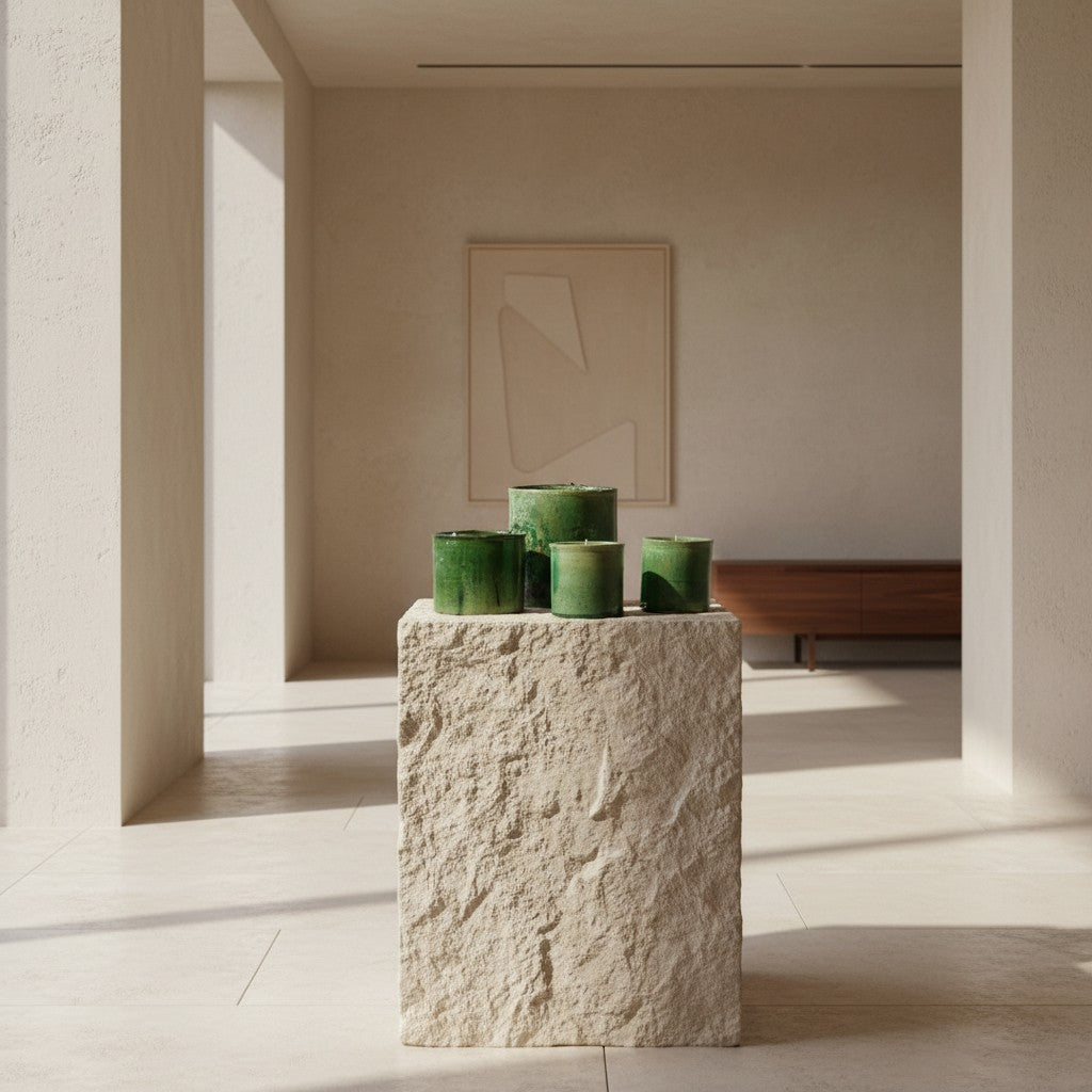 Atelier Marhaban geurkaarsen in tweekleurig groen en geel Tamgrout-keramiek, handgemaakt in Marokko.