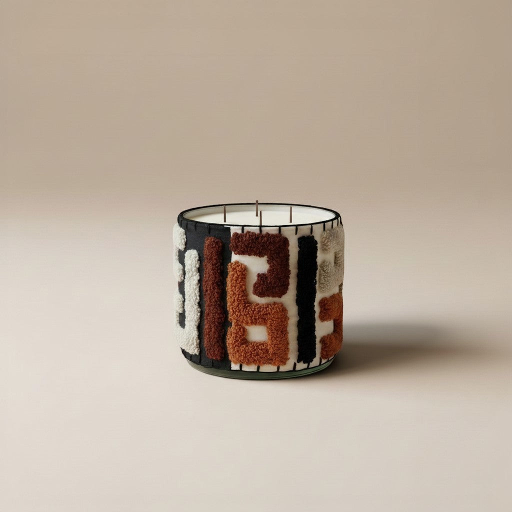 Atelier Marhaban Labyrinthe geurkaars in glazen pot met handgeweven textiel in beige, oranje en bruintinten.