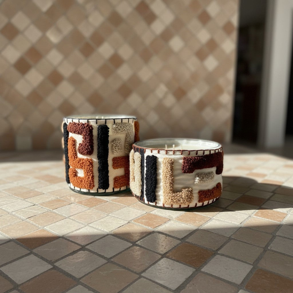 Atelier Marhaban Labyrinthe geurkaars in glazen pot met handgeweven textiel in beige, oranje en bruintinten.