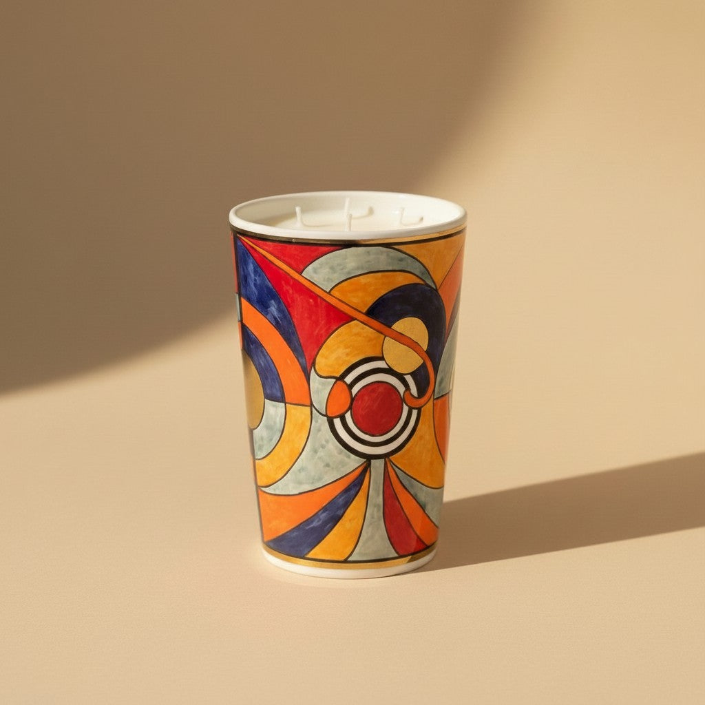 Atelier Marhaban Picasso geurkaars in keramiek met handgeschilderd Picasso-geïnspireerd design en bladgoud details. Gemaakt van sojawas.