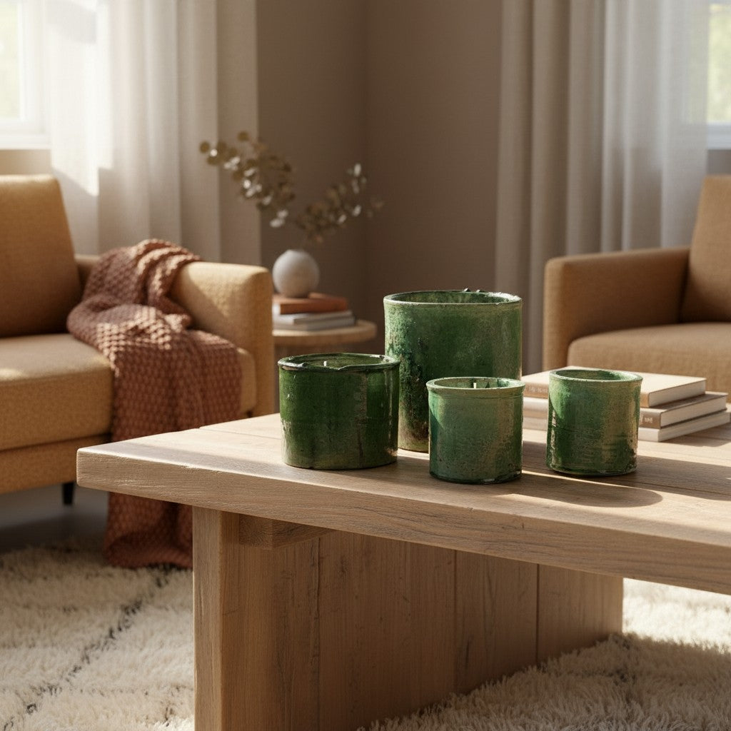Atelier Marhaban Tamgroot geurkaarsen in groen en geel, gemaakt van terracotta met natuurlijke glazuur. Handgemaakt in Marokko.