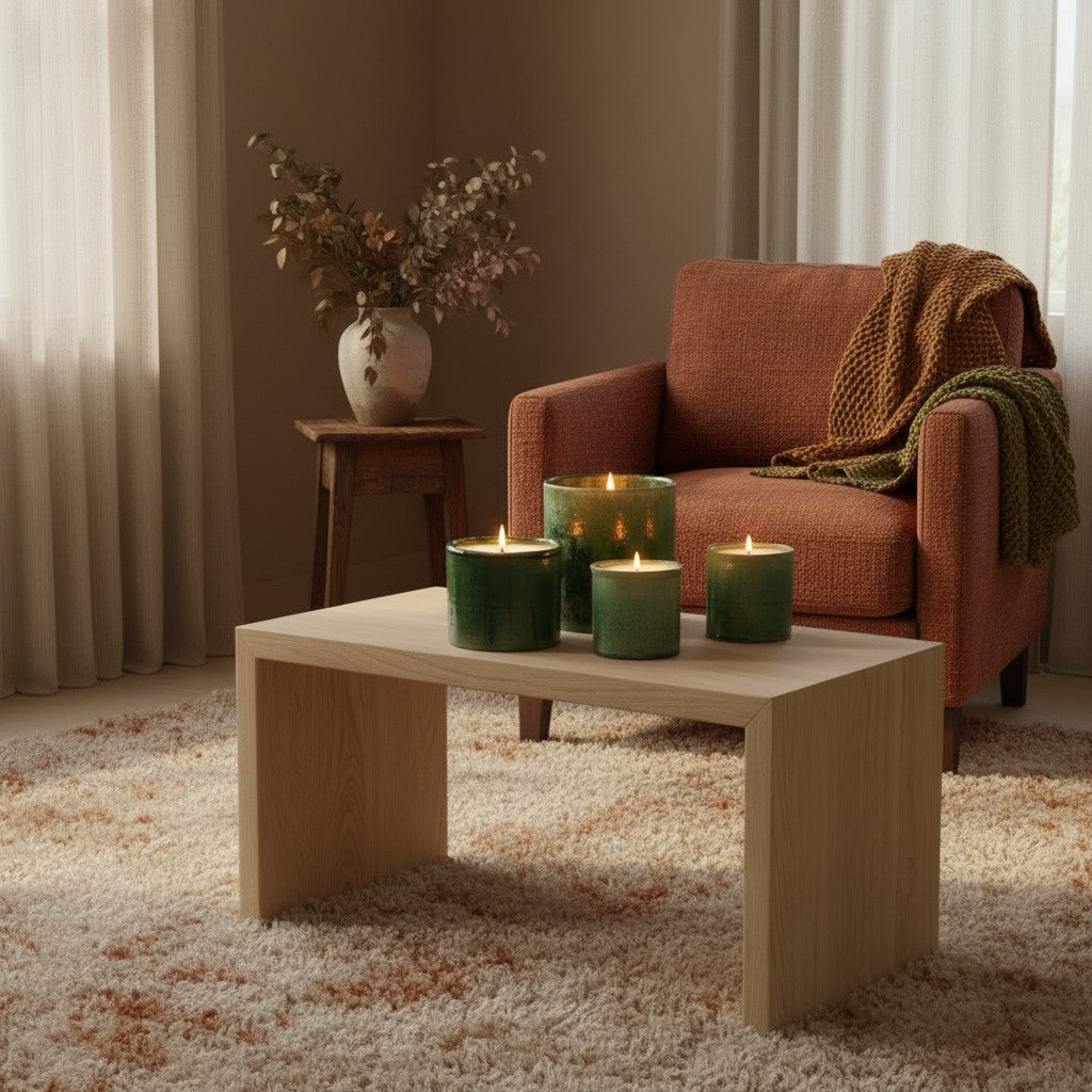 Atelier Marhaban Tamgroot geurkaarsen in groen en geel, handgemaakt van terracotta met sojawas en katoenen lont.